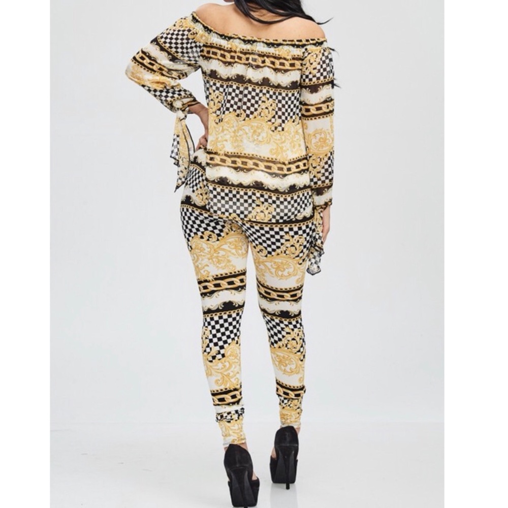 🆕 2PC Stretch Pants & Sheer Off The Shoulder Top - Picture 3 of 8